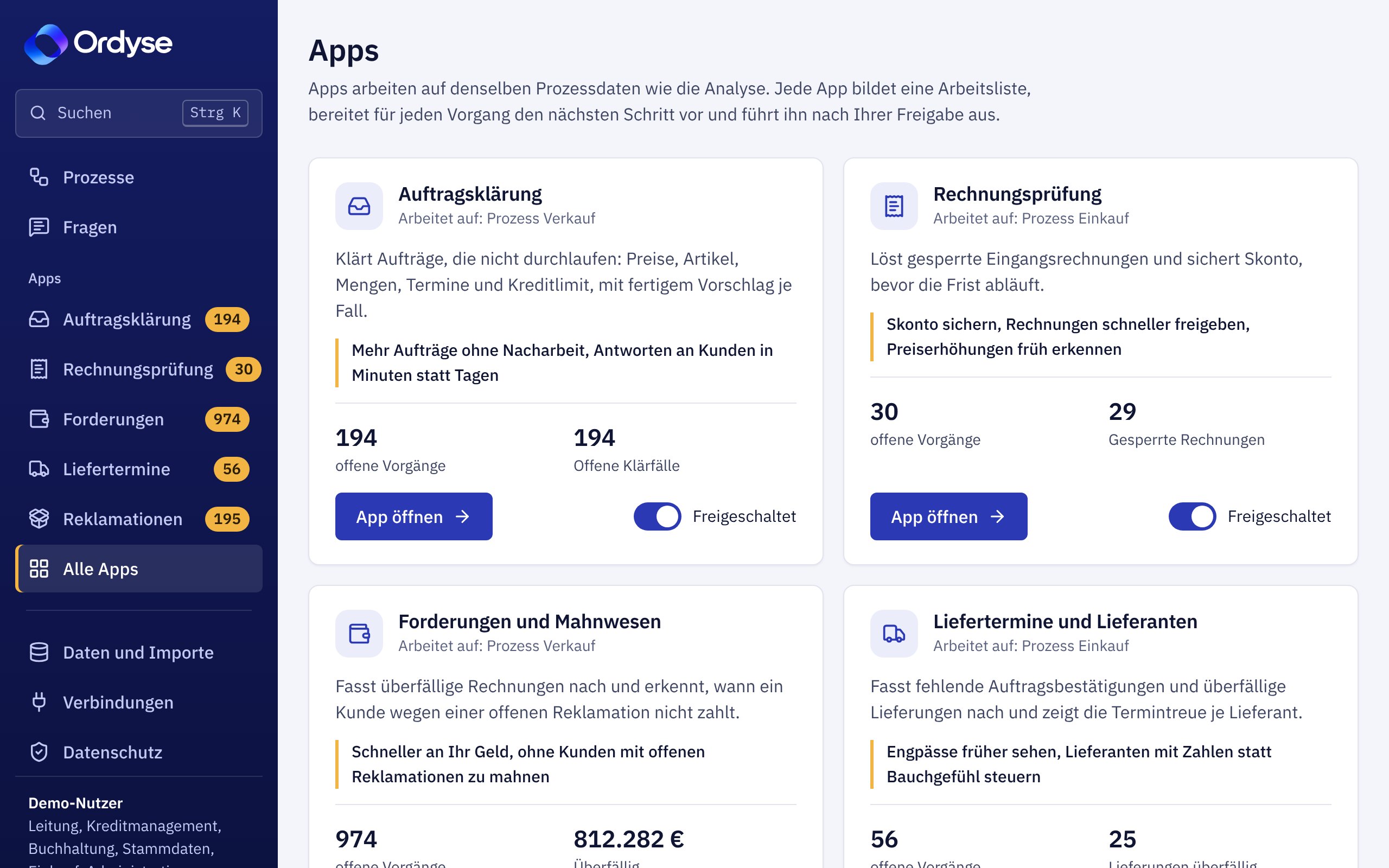 Übersicht der fünf Apps mit offenen Vorgängen