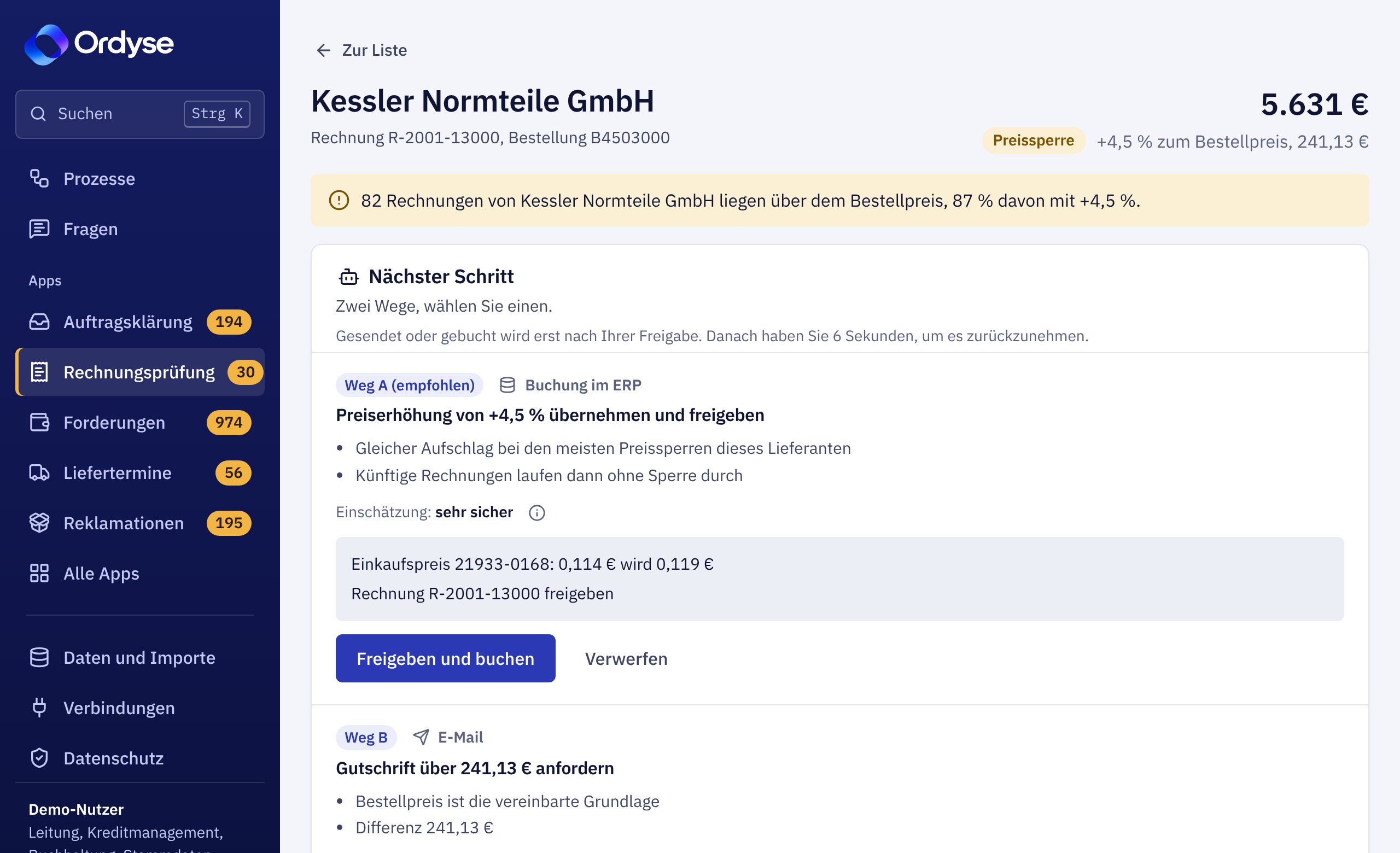 Ordyse: Vorgang in der Rechnungsprüfung mit erkannter Preiserhöhung und fertigem Vorschlag zur Freigabe
